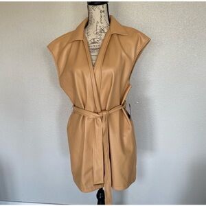 Marc New York Faux Leather Long Vest jacket coat shall belted beige nude small